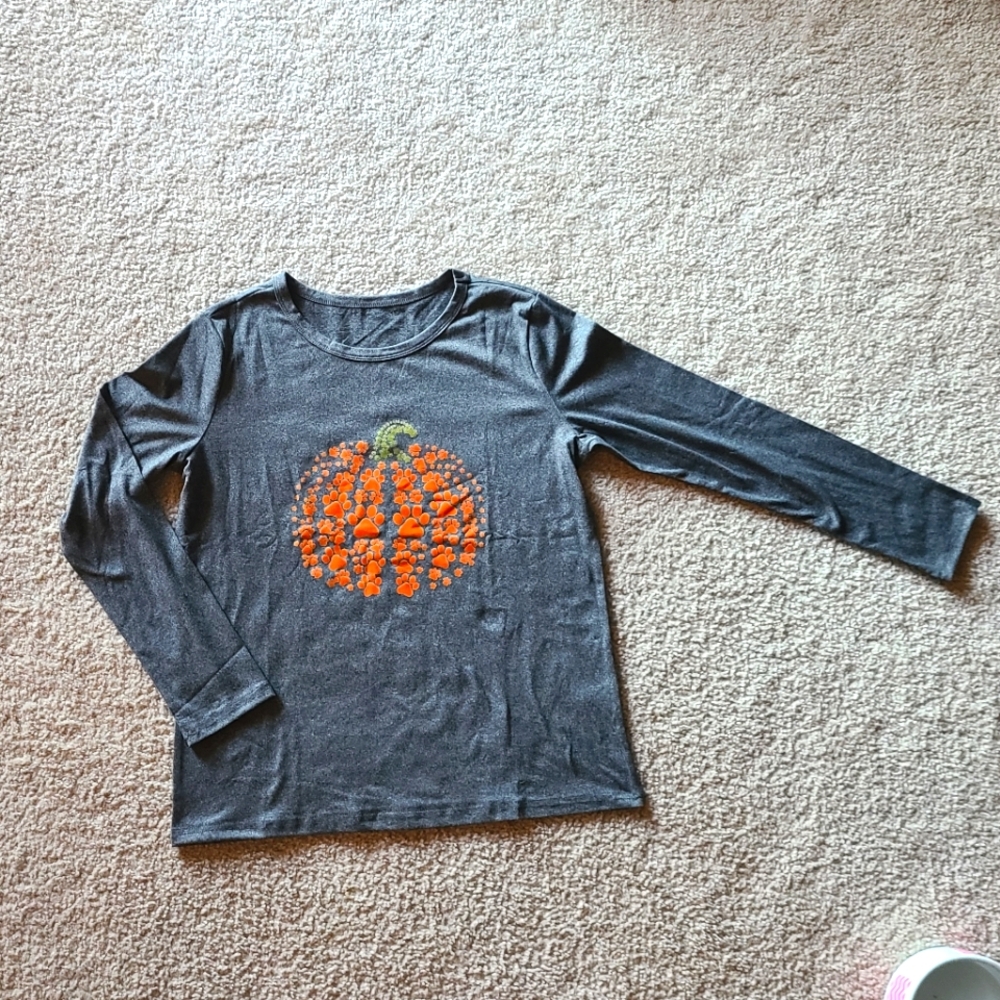 Halloween Fall Pumpkin Paws Long Sleeve Grey